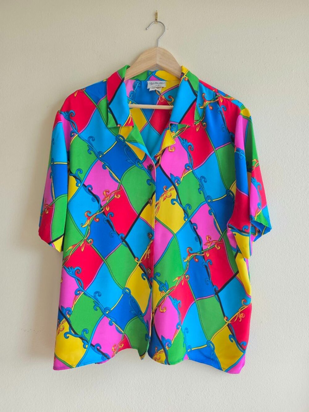 Style Rite Vintage Harlequin Print Blouse Canadian Made Size 18 Maximalist Retro